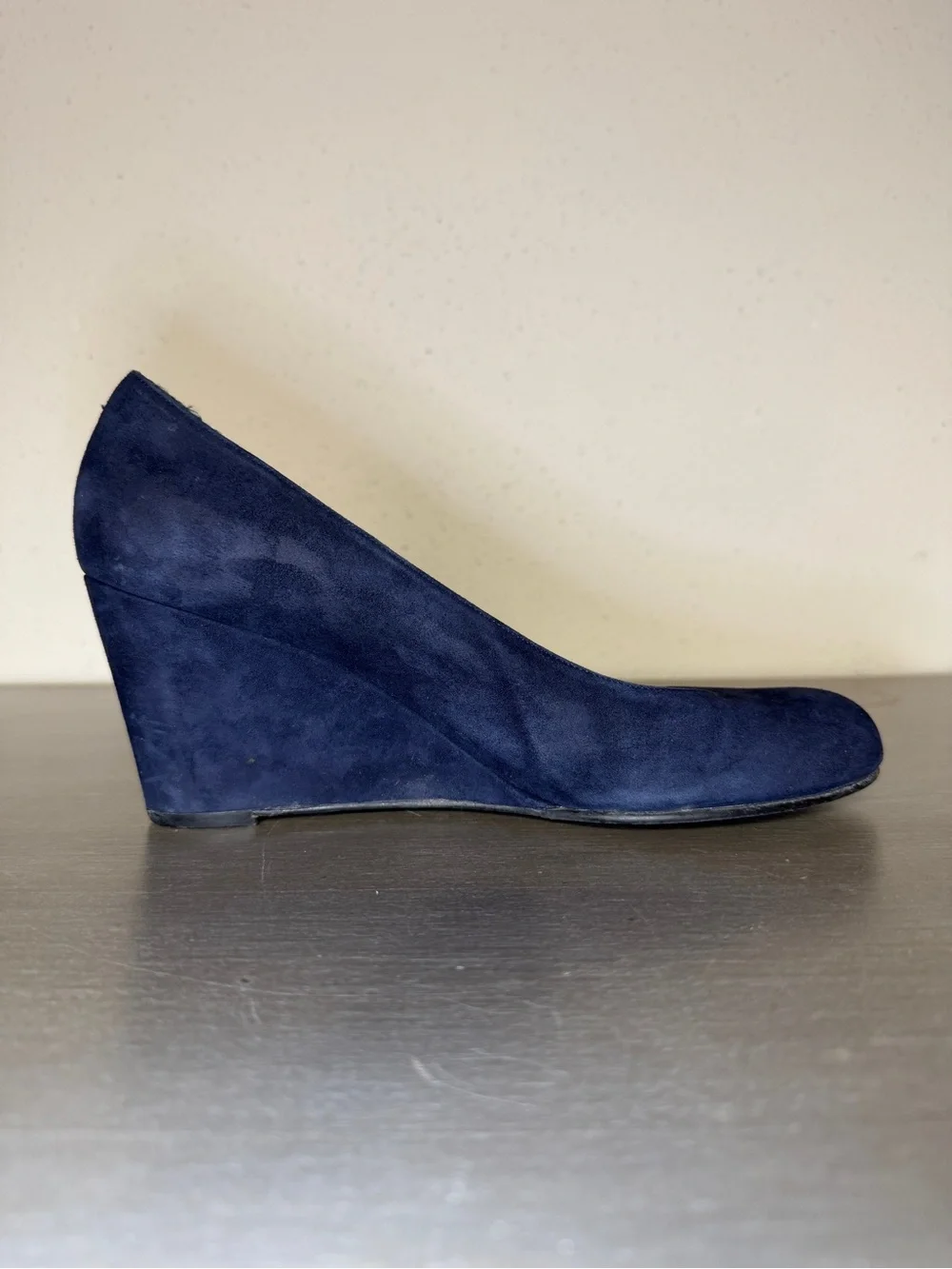 Stuart Weitzman Navy Blue Suede Wedge Pumps Round Toe Dress Shoes Spain Size 8 - Picture 7 of 13